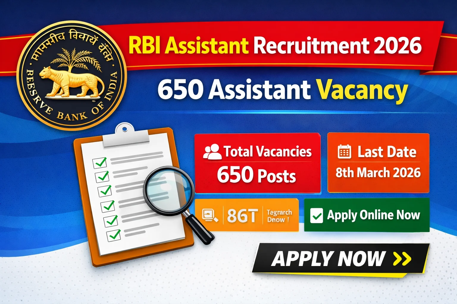 RBI Assistant Recruitment 2026 – 650 Posts | Apply Online 16 Feb to 08 March 2026