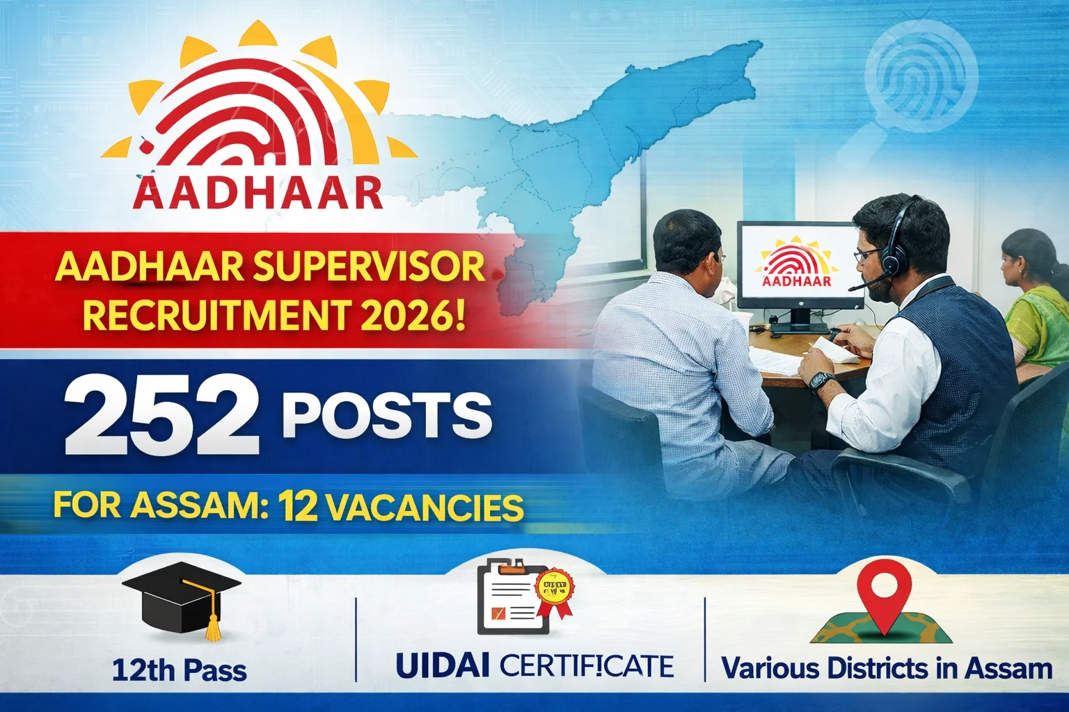 Aadhaar Supervisor/Operator Recruitment 2026 – 252 Posts | Assam 12 Vacancies | Last Date 10 March 2026