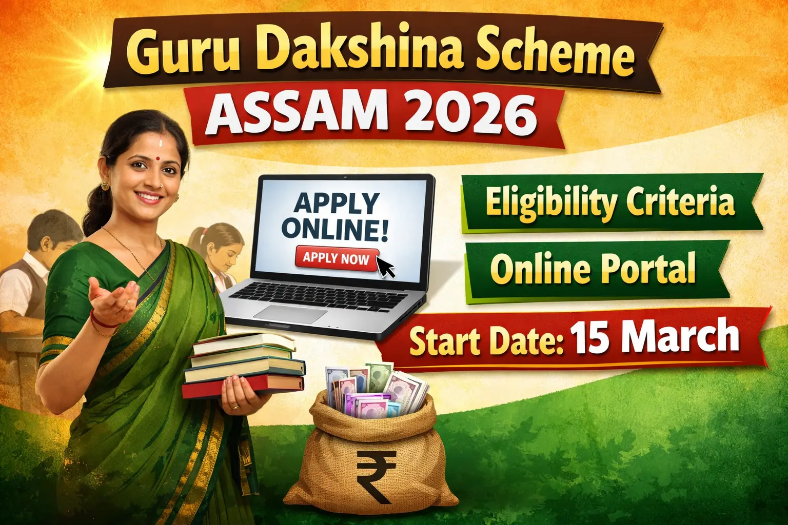 Guru Dakshina Scheme Assam 2026 thumbnail showing apply online, eligibility criteria, online portal, and start date 15 March with teacher and laptop graphic