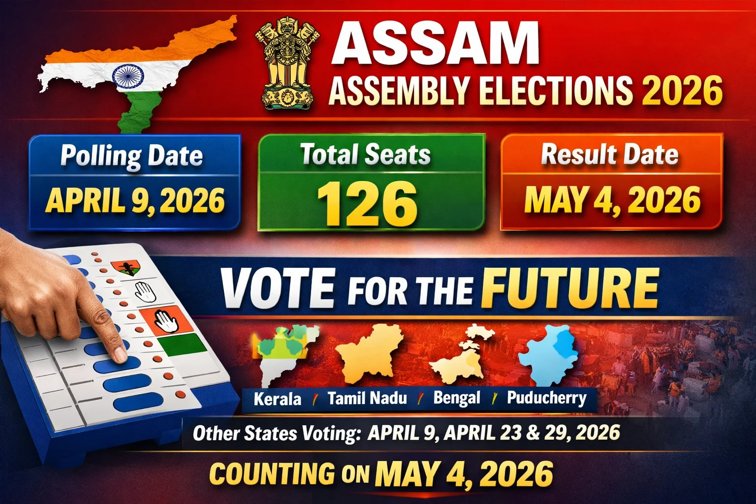 Assam Assembly Election 2026 thumbnail showing voting date April 9, 2026, counting date May 4, 2026, total 126 seats, and official election updates