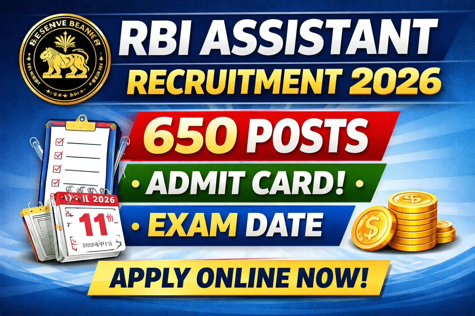 RBI Assistant Recruitment 2026 thumbnail showing 650 posts admit card and exam date apply online
