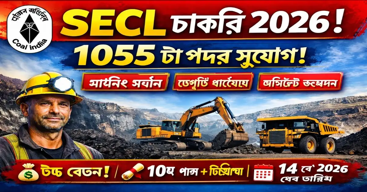 SECL Recruitment 2026 thumbnail showing 1055 vacancies for Mining Sirdar, Deputy Surveyor and Assistant Foreman with coal mining background